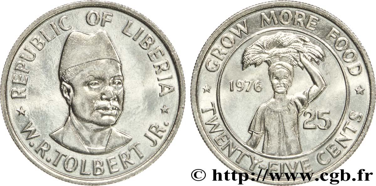 LIBERIA 25 Cents le président William R. Tolbert, Jr / paysanne 1976  SPL 