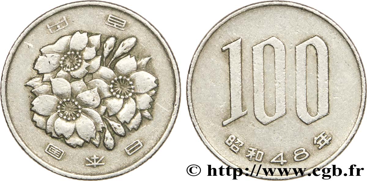 JAPON 100 Yen fleurs de cerisiers an 48 ère Showa (empereur Hirohito) 1973  TTB 