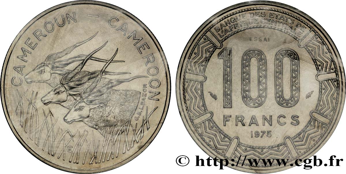 CAMERUN Essai 100 Francs légende bilingue, type BEAC antilopes 1975 Paris FDC 