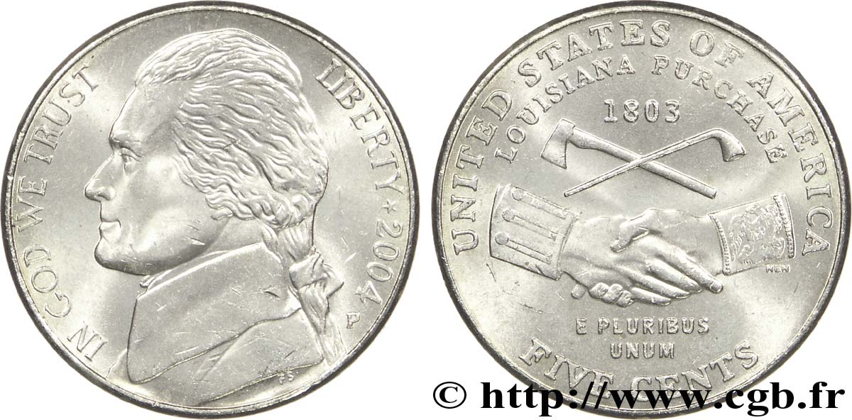 VEREINIGTE STAATEN VON AMERIKA 5 Cents Thomas Jefferson / achat de la Louisiane à la France en 1803 2004 Philadelphie - P fST 