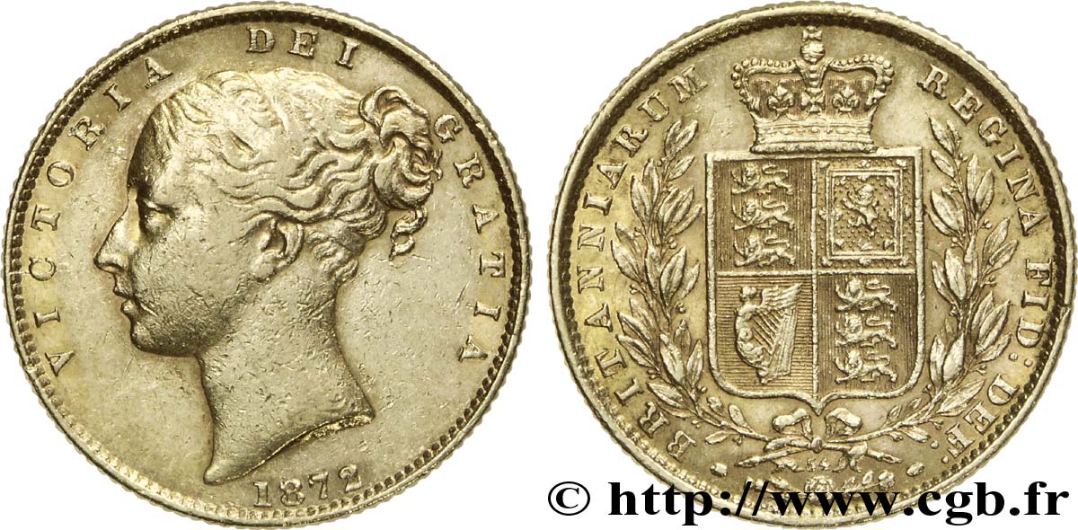 ROYAUME-UNI 1 Souverain Victoria buste jeune / blason variété avec numéro de coin, coin n°83 1872 Londres TTB 