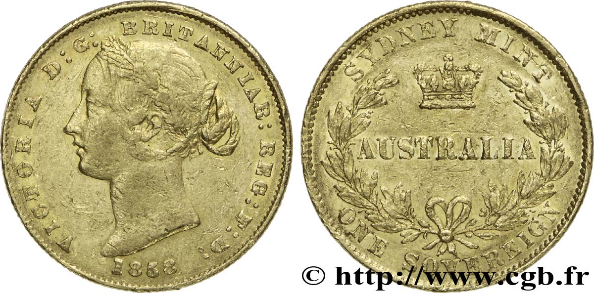 AUSTRALIE 1 Souverain OR reine Victoria / couronne entre deux branches d’olivier 1858 Sydney TTB 