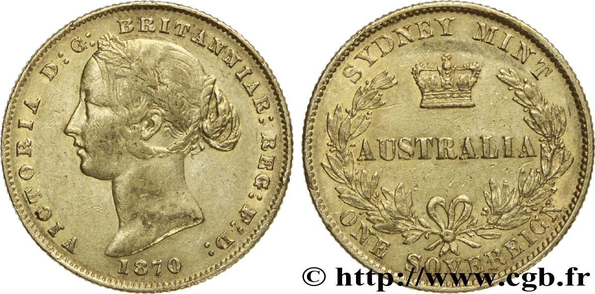 AUSTRALIE 1 Souverain OR reine Victoria / couronne entre deux branches d’olivier 1870 Sydney TB 