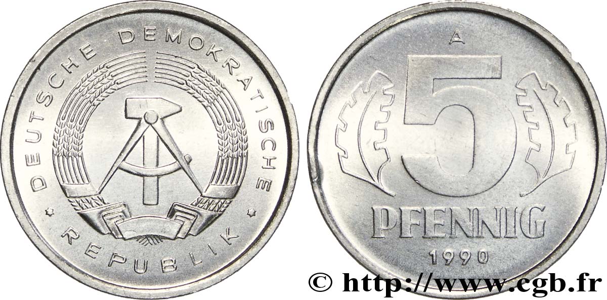 ALLEMAGNE RÉPUBLIQUE DÉMOCRATIQUE 5 Pfennig emblème de la RDA 1990 Berlin SPL 