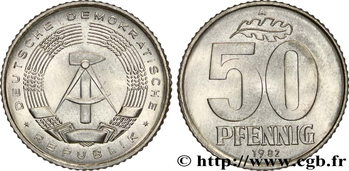 REPúBLICA DEMOCRáTICA ALEMANA 50 Pfennig emblème de la RDA 1982 Berlin SC 