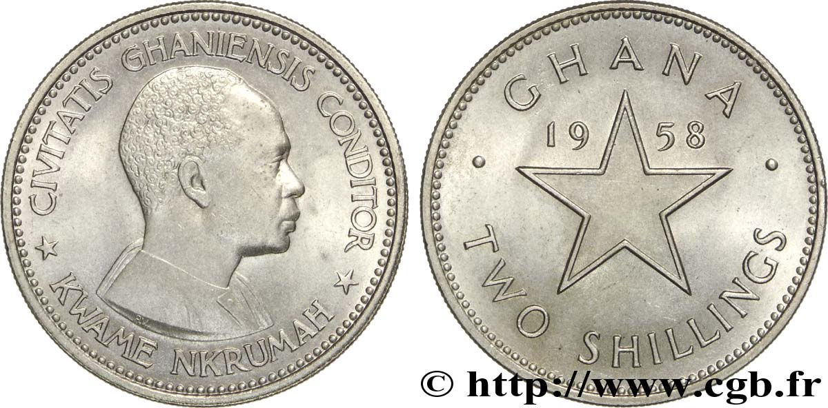 GHANA 2 Shillings Kwame Nkrumah / étoile 1958  SUP 