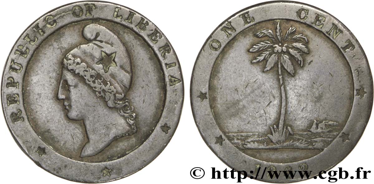 LIBERIA 1 Cent allégorie de la république / emblème au palmier 1862  TTB 