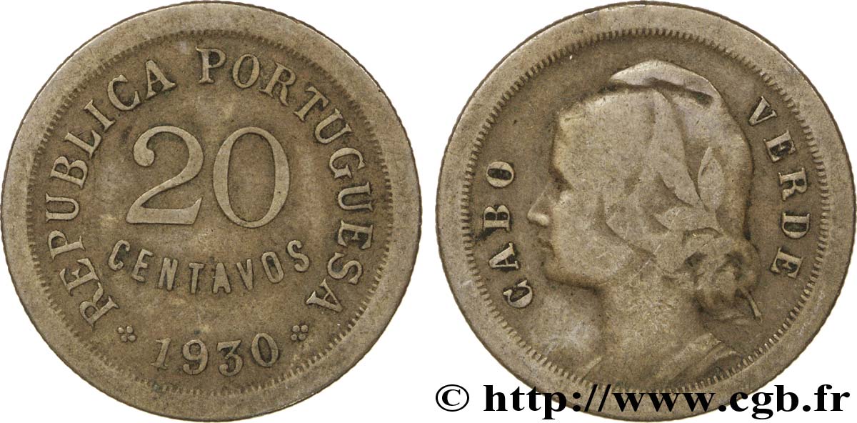 CAP VERT 20 Centavos monnayage colonial portugais 1930  TB 
