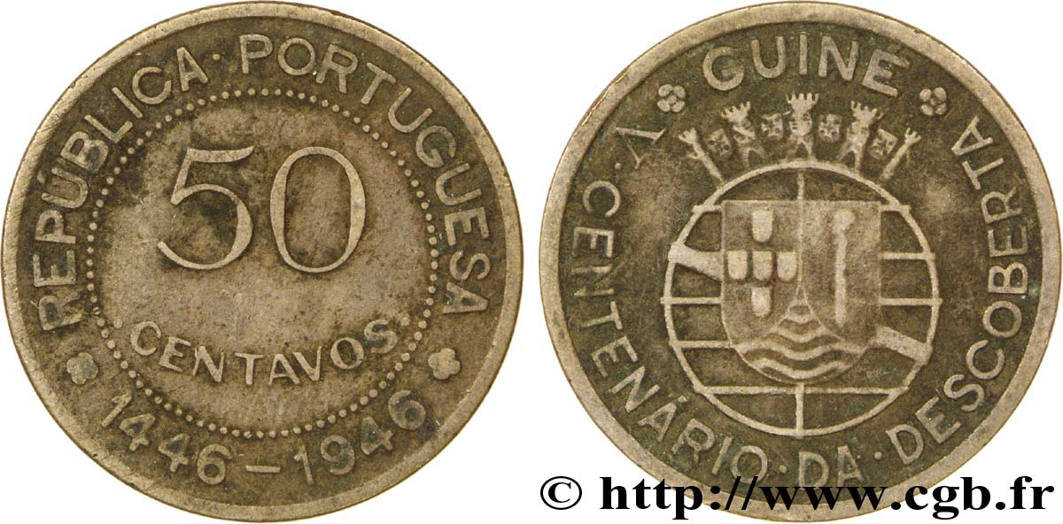 GUINÉE BISSAU 50 Centavos monnayage colonial Portugais, cincentenaire de la découverte 1946  TB 