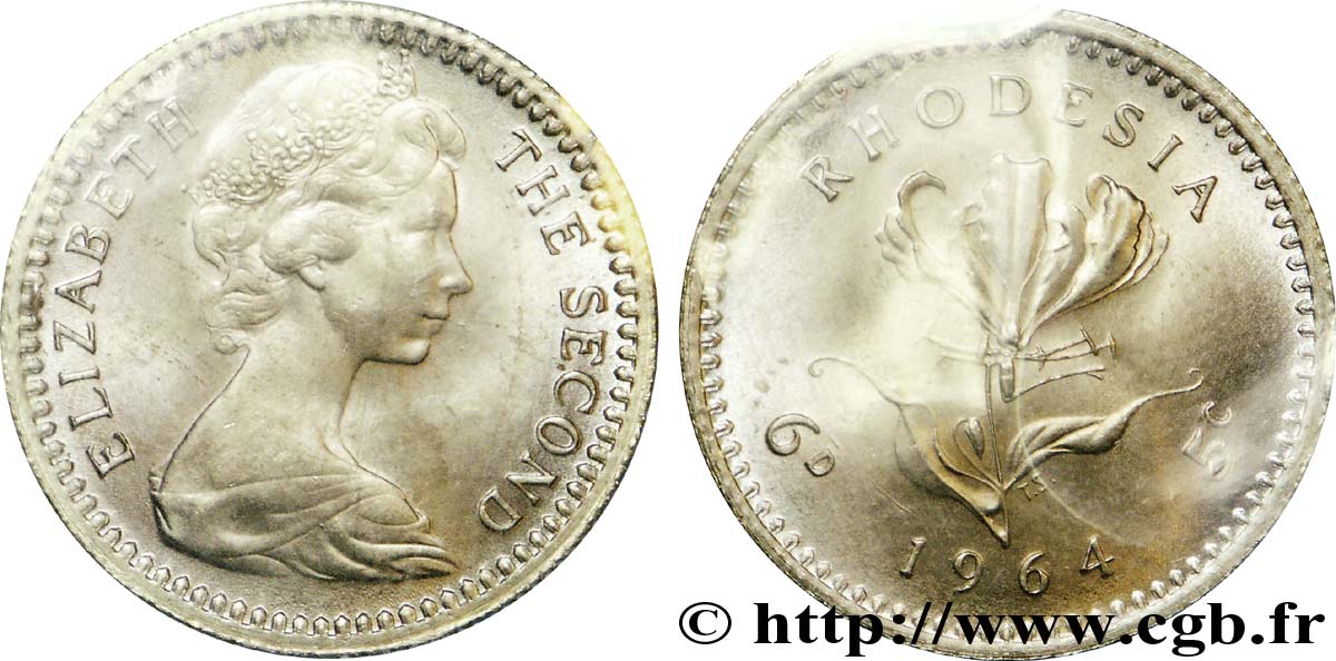 RHODÉSIE 6 Pence  (5 Cents) Elisabeth II / gloriosa (fleur) 1964  FDC 