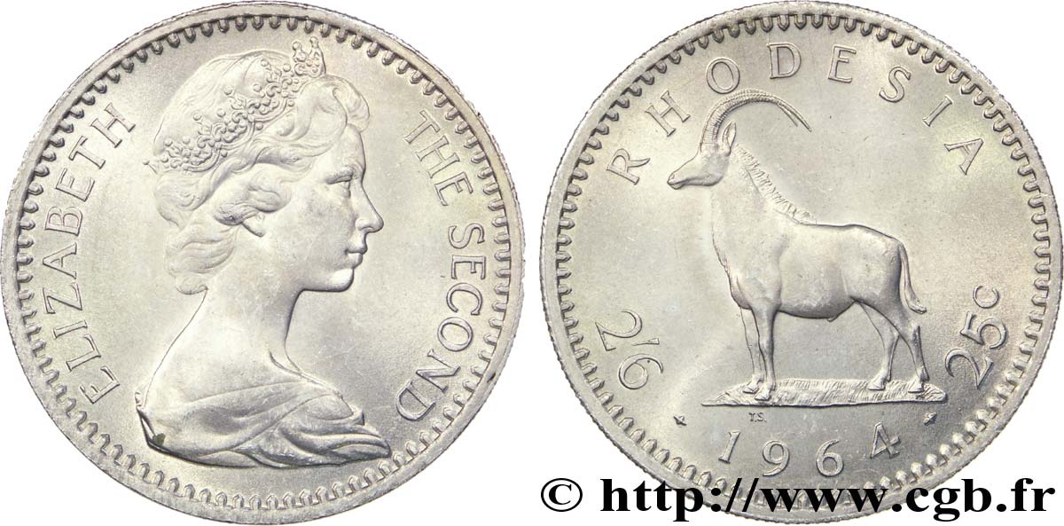 RHODÉSIE 2 1/2 Shillings (25 Cents) Elisabeth II / antilope des sables 1964  SPL 