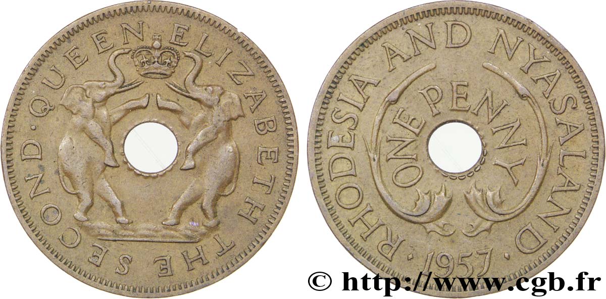 RHODÉSIE ET NYASSALAND 1 Penny frappe au nom d’Elisabeth II, deux éléphants de part et d’autre d’une couronne 1957  SUP 