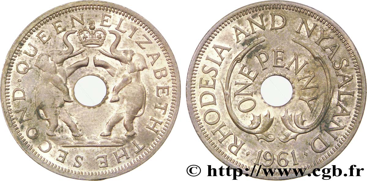 RHODÉSIE ET NYASSALAND 1 Penny frappe au nom d’Elisabeth II, deux éléphants de part et d’autre d’une couronne 1961  SUP 