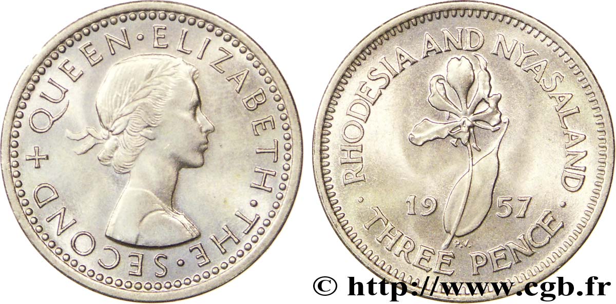 RHODÉSIE ET NYASSALAND 3 Pence Elisabeth II / gloriosa (fleur) 1957  SPL 