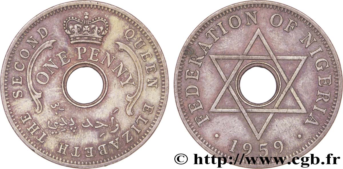 NIGERIA 1 Penny Fédération du Nigeria frappe au nom d’Elisabeth II 1959  TTB 
