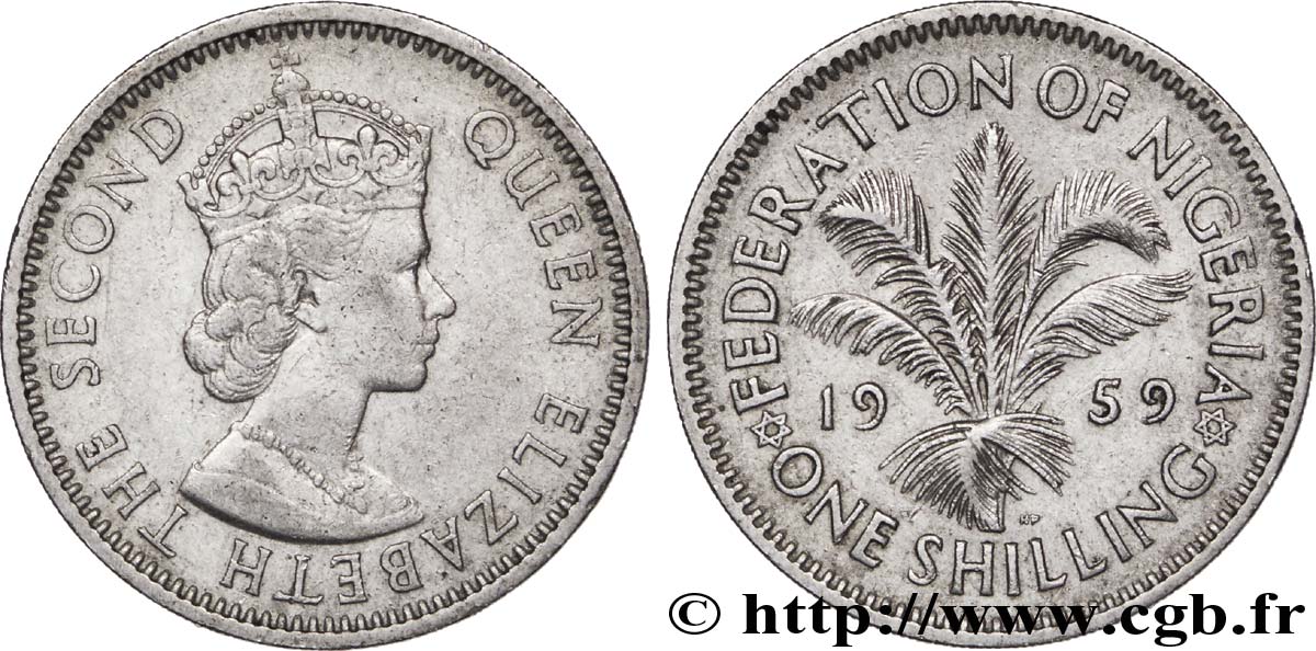 NIGERIA 1 Shilling Fédération du Nigeria Elisabeth II  / palmier 1959  TTB 