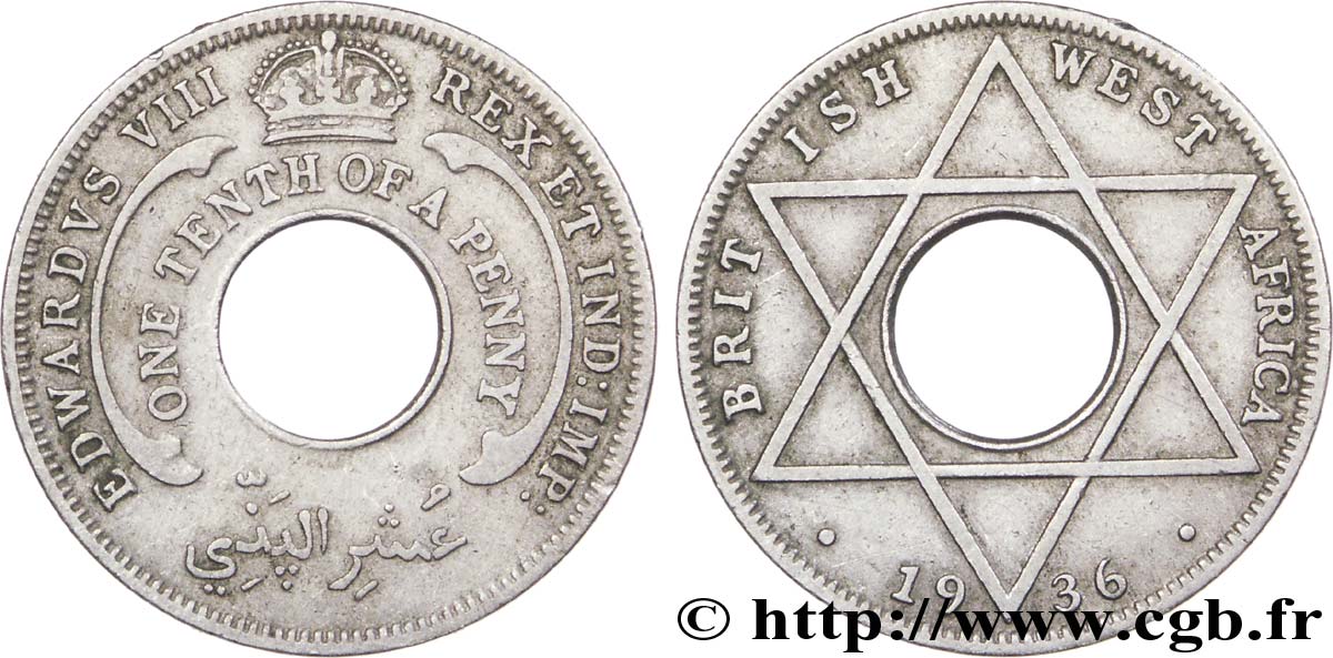 AFRIQUE OCCIDENTALE BRITANNIQUE 1/10 Penny  frappe au nom d’Edouard VIII 1936  TTB 