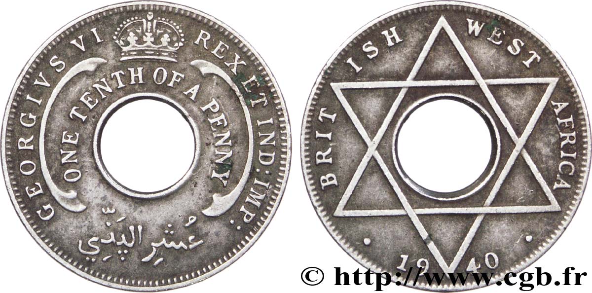 AFRIQUE OCCIDENTALE BRITANNIQUE 1/10 Penny  frappe au nom de Georges VI 1940  TTB 