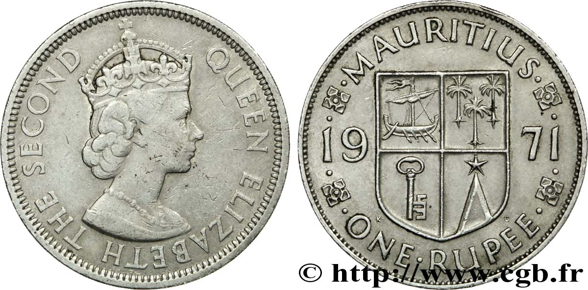ÎLE MAURICE 1 Roupie roi Elisabeth II / blason 1971 Royal Mint Llantrisant TB+ 