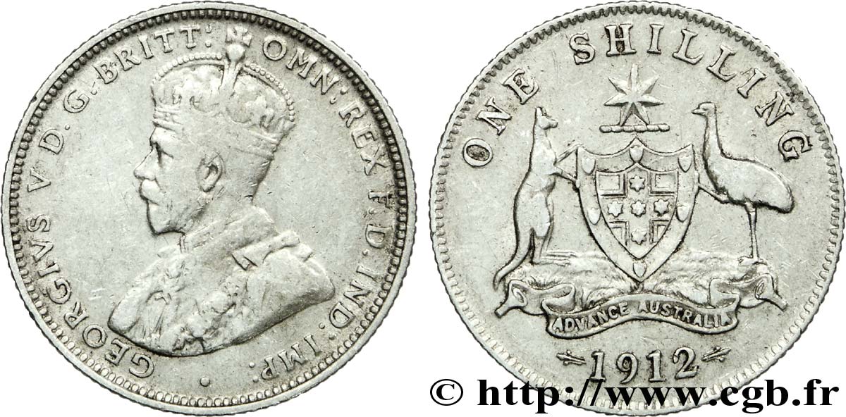 AUSTRALIE 1 Shilling Georges V / écu encadré par un kangoorou et un émeu 1912 Londres TB+ 