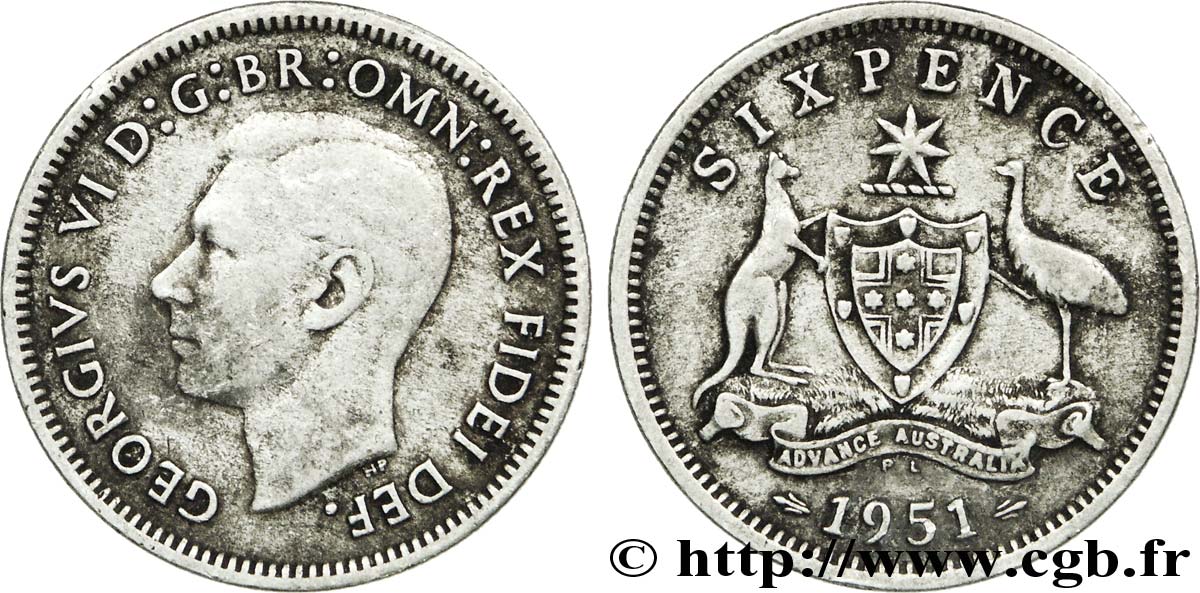 AUSTRALIE 6 Pence Georges VI / émeu et kangourou de part et d’autre d’un écu (initiales P L sous la devise) 1951 Londres - PL TB+ 