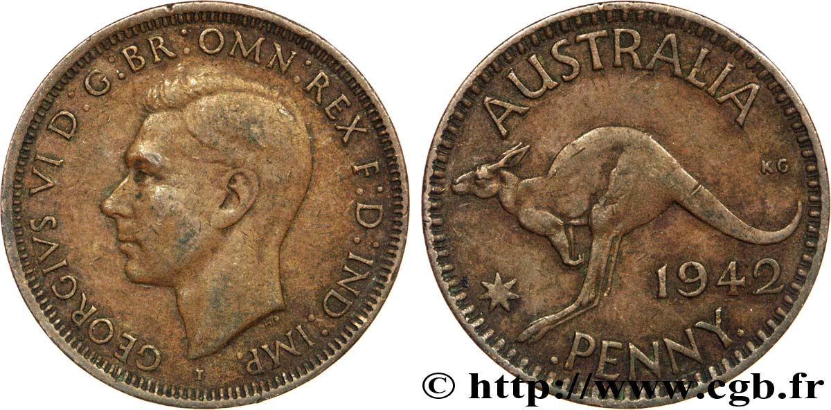 AUSTRALIE 1 Penny Georges VI / grand kangourou 1942 Bombay TB+ 