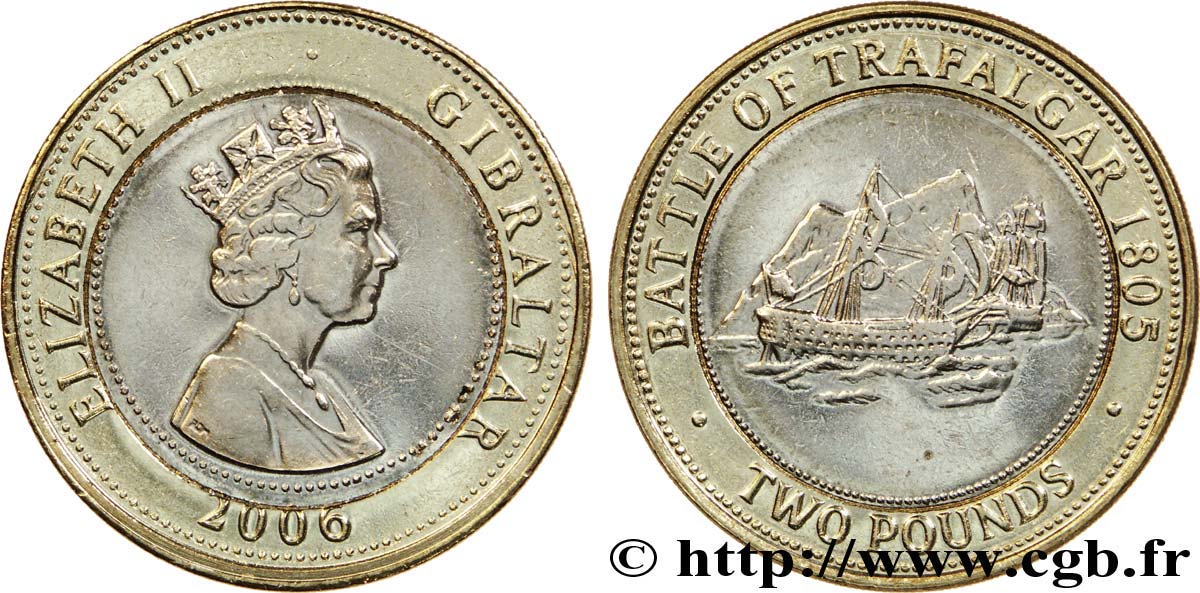 GIBILTERRA 2 Pounds (2 Livres) Élisabeth II / bataille navale de Trafalgar en 1805 2006  SPL 