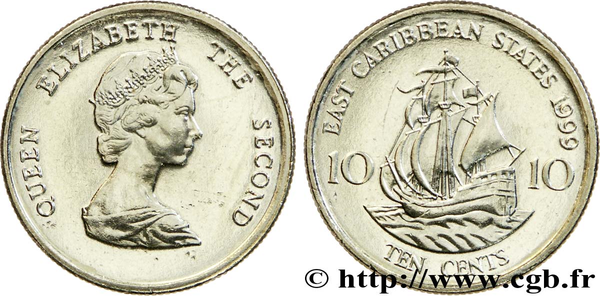 ÉTATS DE LA CARAÏBE ORIENTALE 10 Cents Elisabeth II / le ‘Golden Hind’, galion de Francis Drake 1999  SPL 