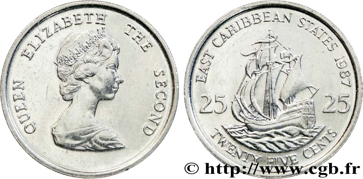 ÉTATS DE LA CARAÏBE ORIENTALE 25 Cents Elisabeth II / le ‘Golden Hind’, galion de Francis Drake 1987  SPL 
