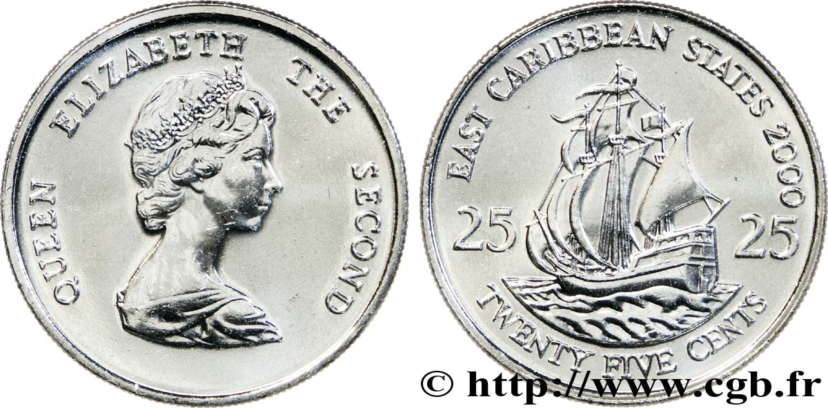 ÉTATS DE LA CARAÏBE ORIENTALE 25 Cents Elisabeth II / le ‘Golden Hind’, galion de Francis Drake 2000  SPL 