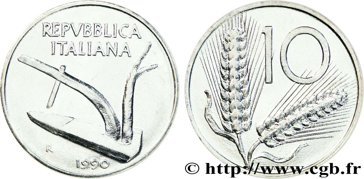 ITALY 10 Lire charrue / 2 épis de blé 1990 Rome - R MS 