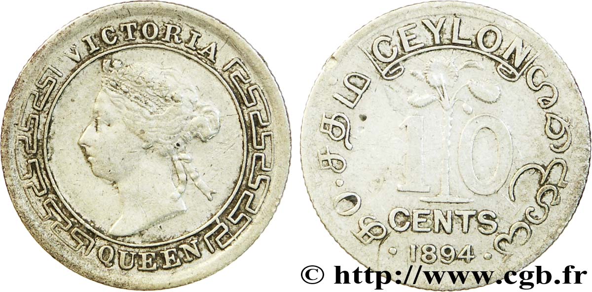 CEYLAN 10 Cents Victoria 1894  TTB 