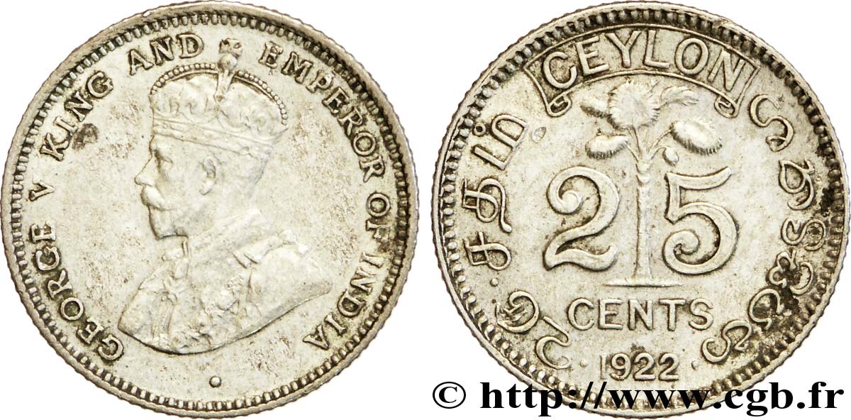 CEYLAN 25 Cents Georges V 1922  TTB+ 