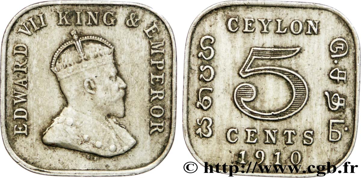 CEYLON 5 Cents Edouard VII 1910  VF 