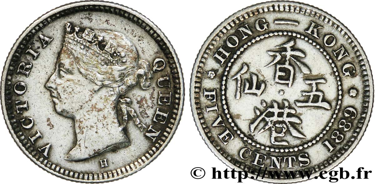 HONG KONG 5 Cents Victoria 1889 Heaton - H TTB 