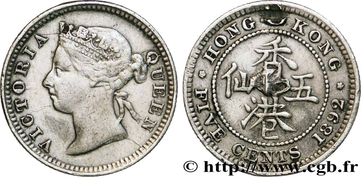 HONG KONG 5 Cents Victoria 1892  TTB 