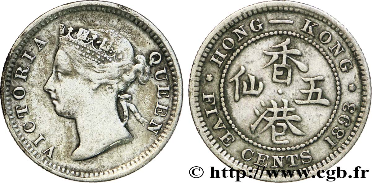 HONG KONG 5 Cents Victoria 1893  TTB 