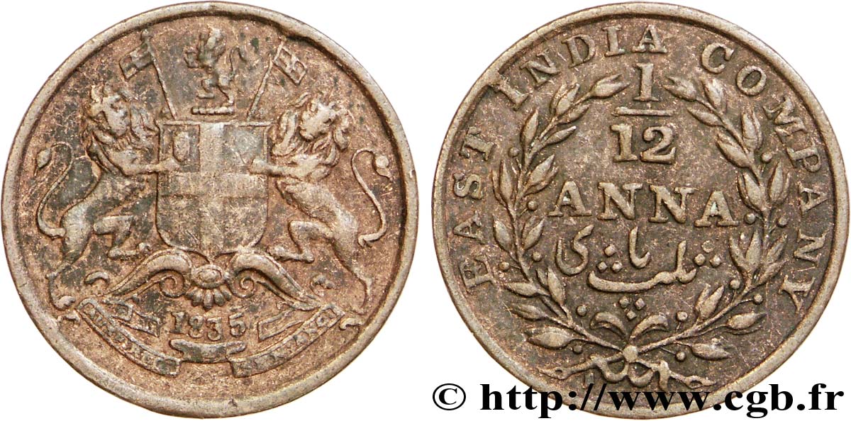 INDES BRITANNIQUES 1/12 Anna East India Company 1835 Calcutta TB 