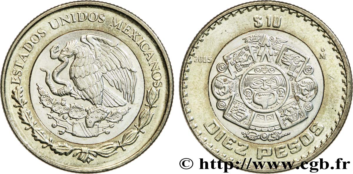 MEXIQUE 10 Pesos aigle / la Pierre du Soleil avec au centre Tonatiuh (dieu du Soleil) 2005 Mexico SUP 