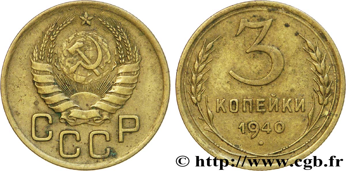 RUSSIE - URSS 3 Kopecks 1940  TTB 