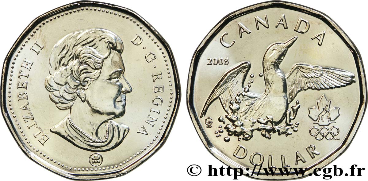 CANADA 1 Dollar Lucky Loonie : Elisabeth II /Plongeon huard et logo des jeux olympique de Vancouver (2010). 2008  MS 
