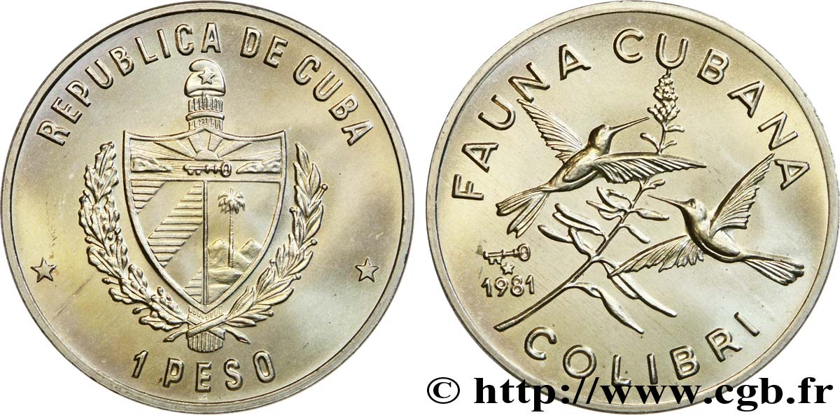 CUBA 1 Peso armes / série Faune Cubaine / Zunzun (Émeraude de Ricord) 1981  MS 