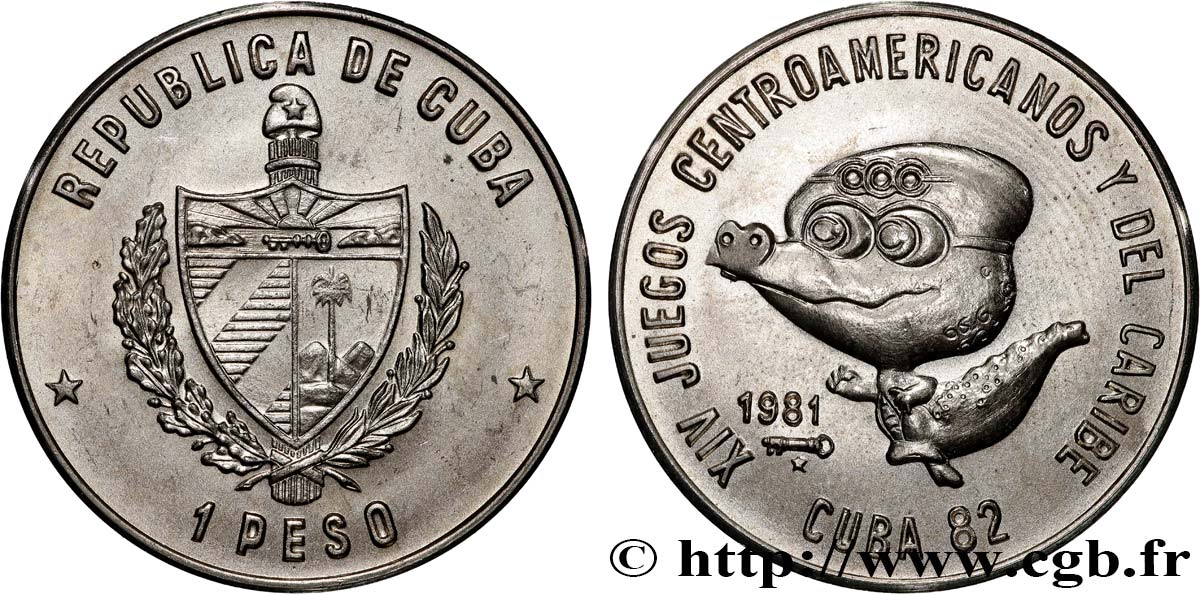 CUBA 1 Peso armes / XIVe jeux Centramérique et Caraïbe La Havane ‘82 : mascotte 1981  SC 