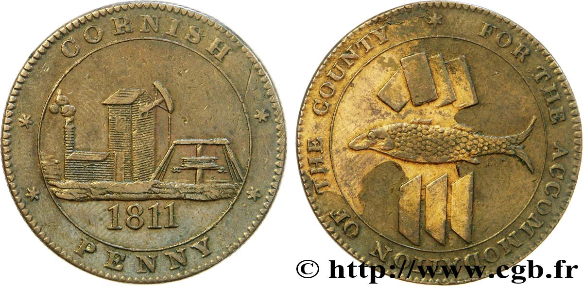 ROYAUME-UNI (TOKENS) 1 Penny “Cornish Penny” Scorrier House (Redruth), pompe, poisson et lingots d’étain, mine 1811  TTB+ 
