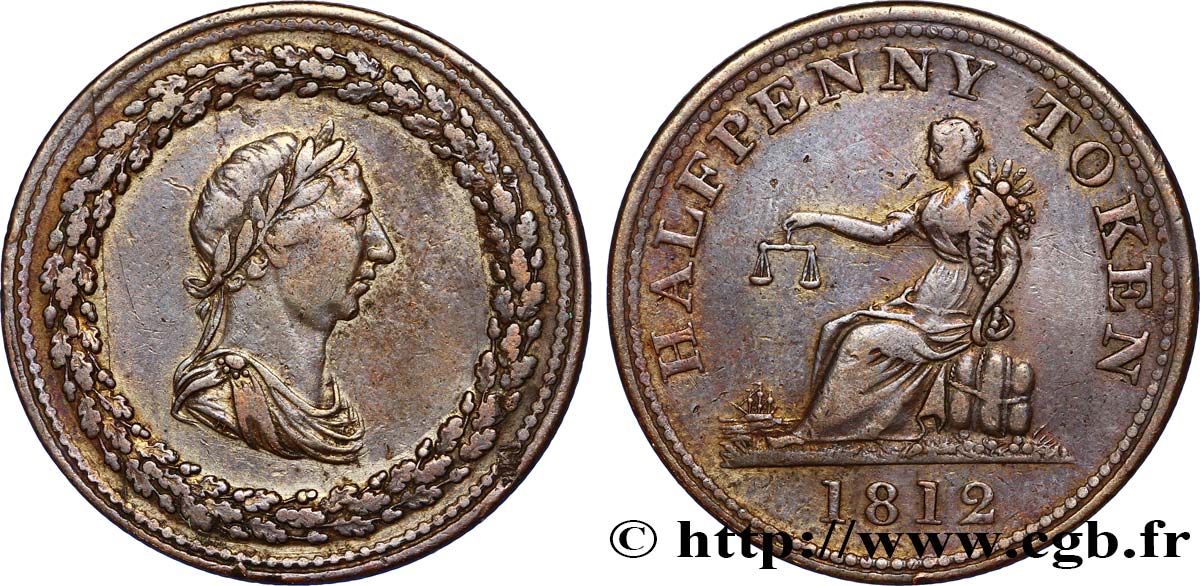 ROYAUME-UNI (TOKENS) 1 Penny buste de Georges III lauré / allégorie du commerce 1812  TTB 