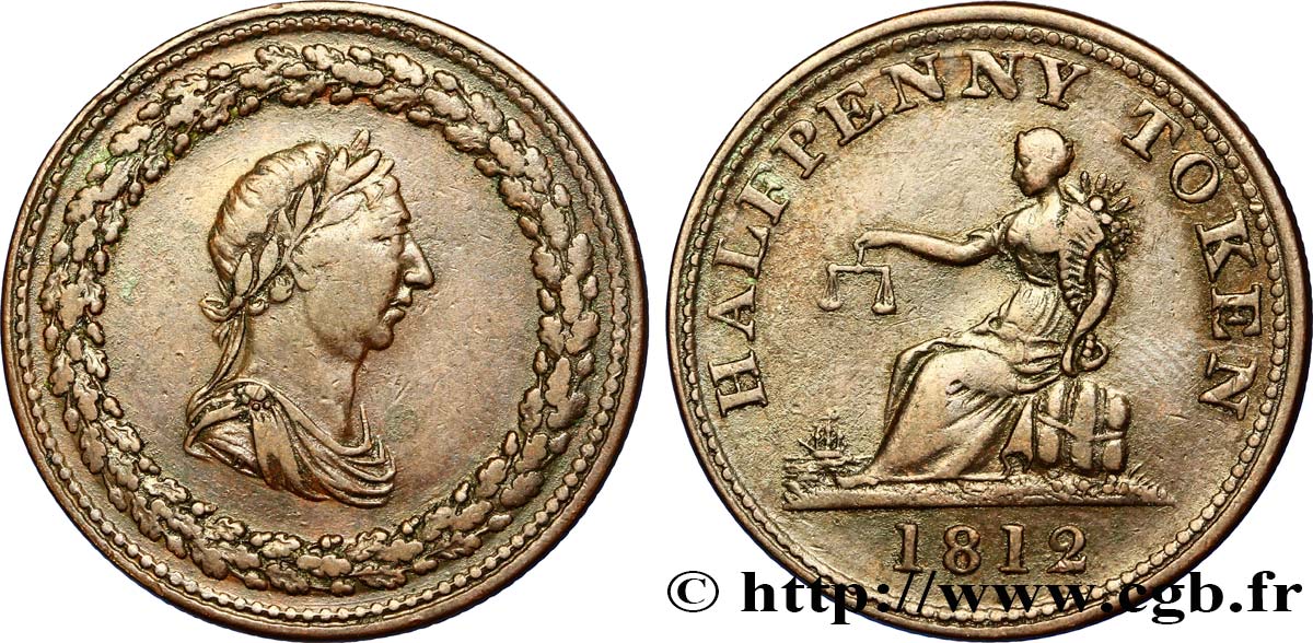 ROYAUME-UNI (TOKENS) 1 Penny buste de Georges III lauré / allégorie du commerce 1812  TB+ 