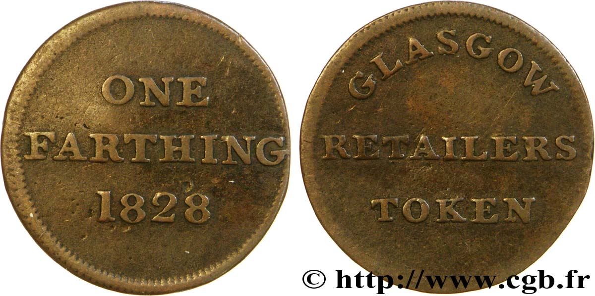 ROYAUME-UNI (TOKENS) 1 Farthing Glasgow (Lanarkshire) : Glasgow Retailers Token 1828  TB 