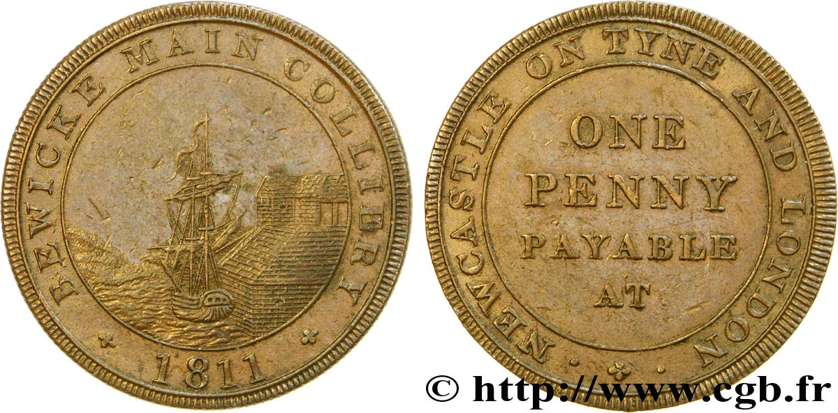 ROYAUME-UNI (TOKENS) 1 Penny Newcastle-on-Tyne (Northumberland) : Bewicke Main Colliery (Charbonnages) avec voilier 1811  SUP 