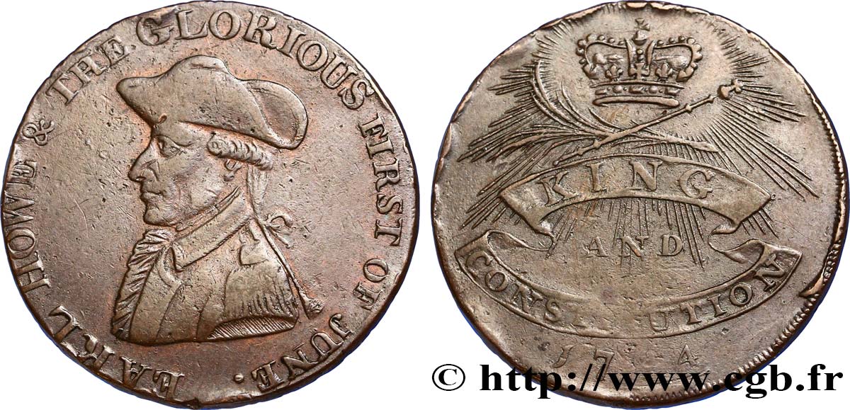 ROYAUME-UNI (TOKENS) 1/2 Penny Emsworth (Hampshire) comte Howe / couronne, “payable in Hull and in London” sur la tranche 1794  TB 