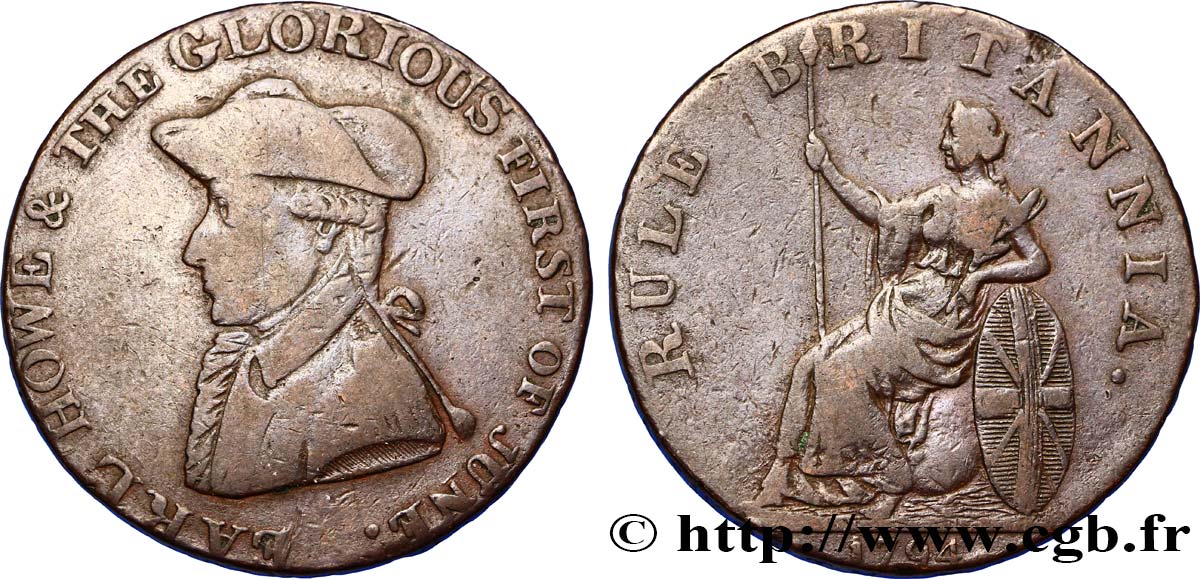 BRITISH TOKENS OR JETTONS 1/2 Penny Emsworth (Hampshire) comte Howe / Britannia assise, “Emsworth half-penny payable at Iohn Stride” sur la tranche 1794  VF 
